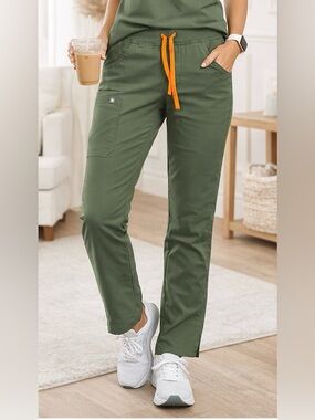 FIGS Kade Scrub Pants Olive Green Orange Drawstring Women’s Small Petite S/P